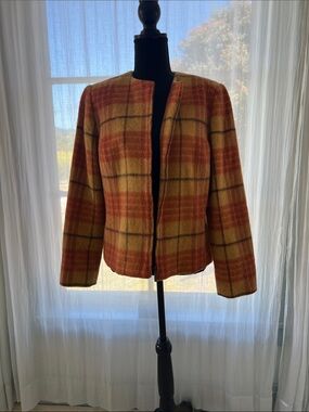 Plaid Collarless Women’s Jacket in Yellow and Orange